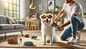 tutor escovando cachorro em casa com ambiente limpo e pet feliz