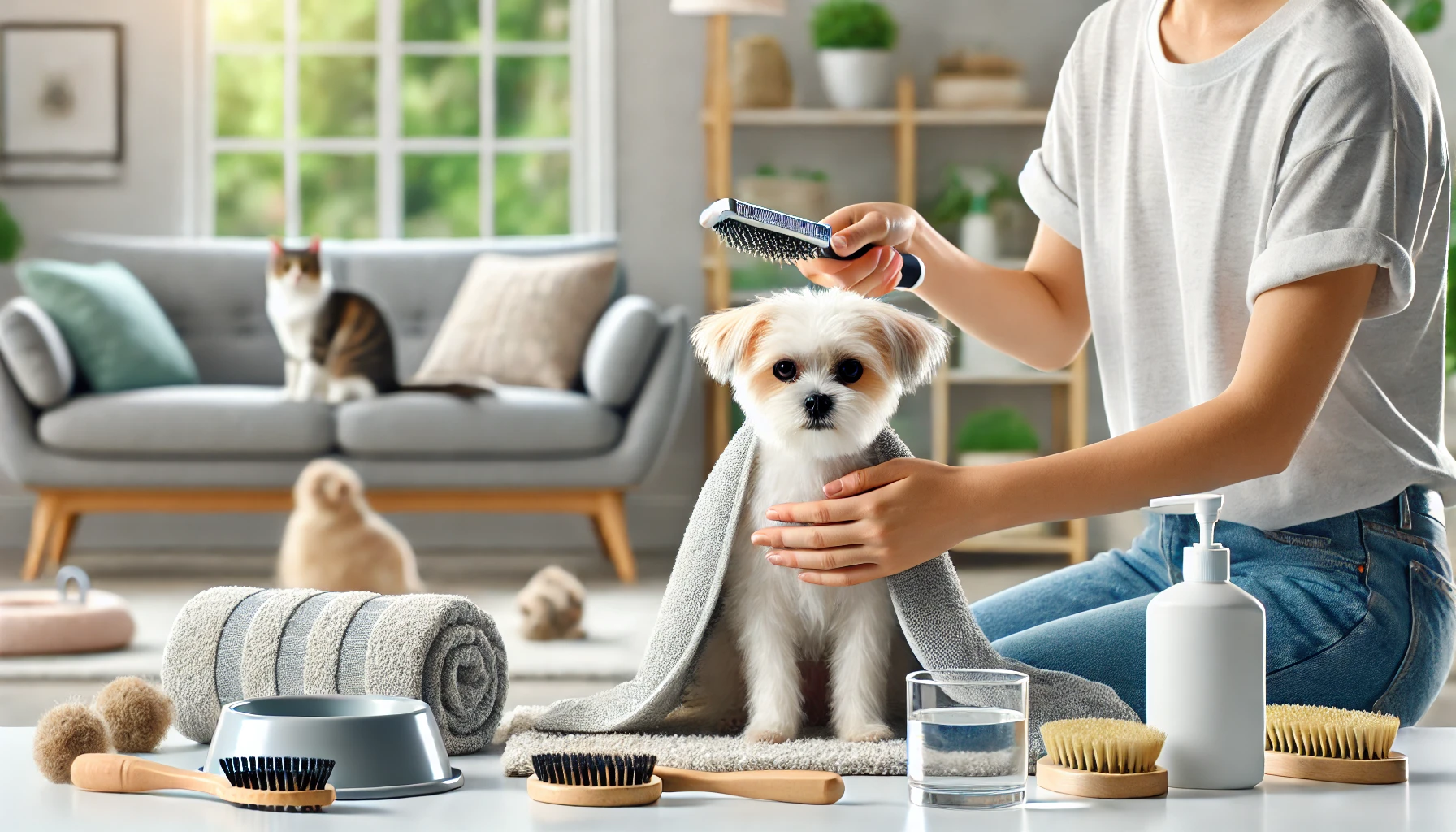 tutor limpando cachorro com toalha em ambiente limpo com gato ao fundo
