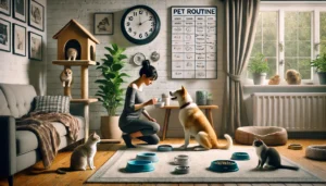 tutor alimentando cachorro enquanto gato observa em ambiente organizado