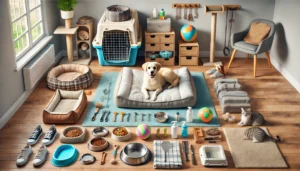 ambiente organizado com cama de pet, brinquedos, potes e arranhador