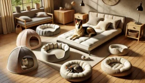 camas variadas para cães e gatos em ambiente aconchegante e limpo