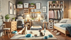 ambiente preparado com cama, tigelas e segurança para receber filhote de cão e gato