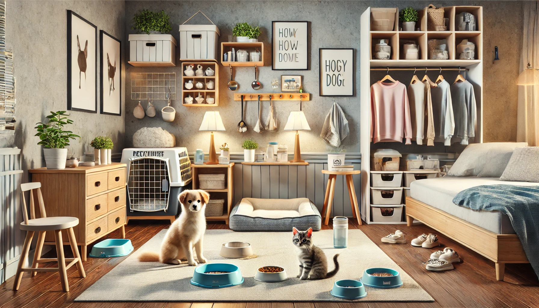 ambiente preparado com cama, tigelas e segurança para receber filhote de cão e gato