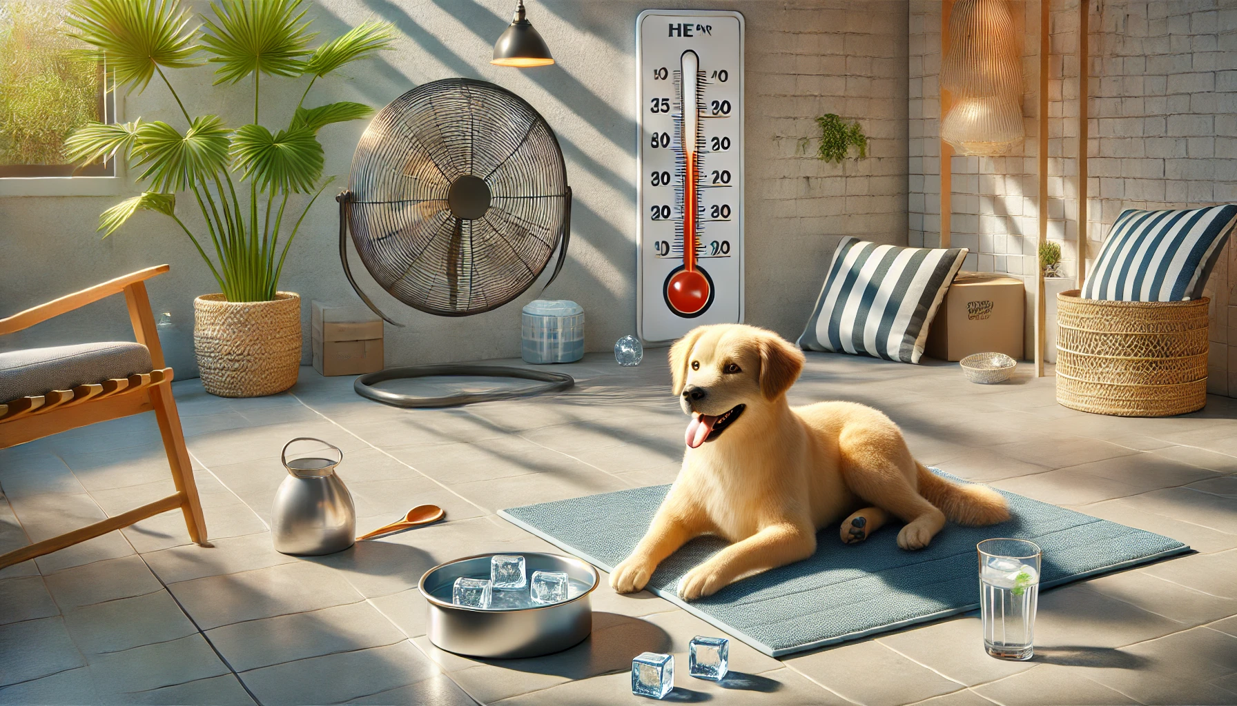 cachorro descansando com ventilador ligado ao lado, potes de água fresca e sombra no ambiente