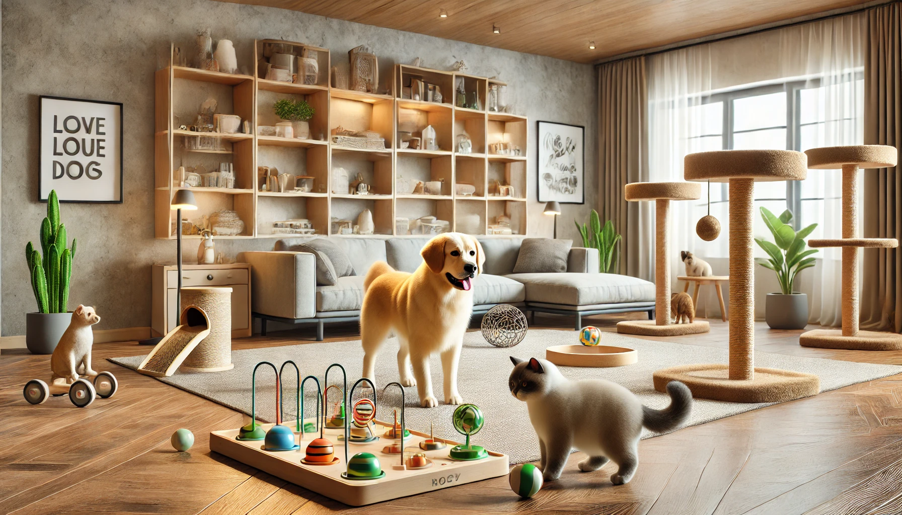cão e gato brincando em sala com brinquedos e circuito de obstáculos improvisado