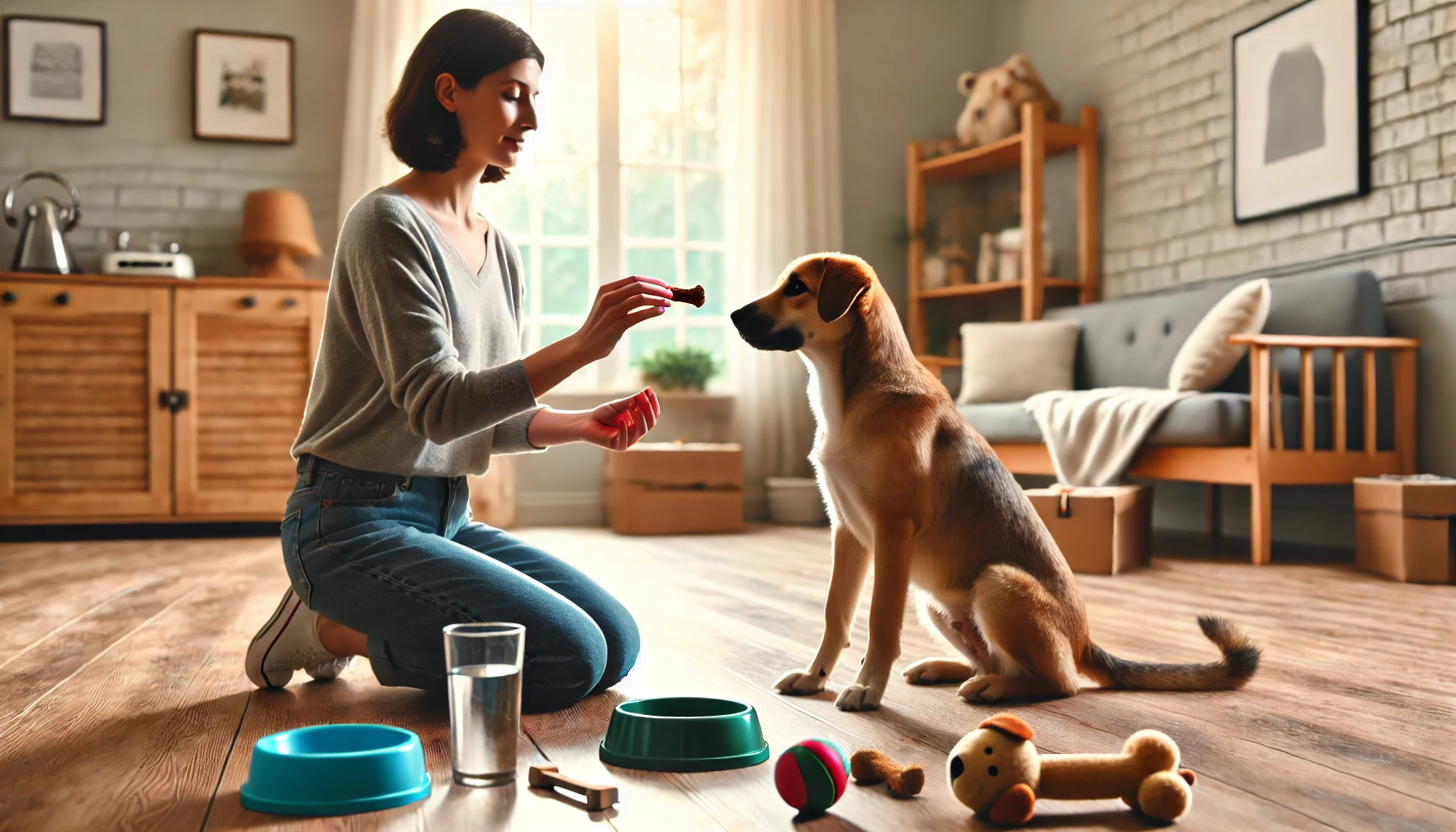 tutor ensinando comando “senta” ao cachorro com petisco em ambiente tranquilo