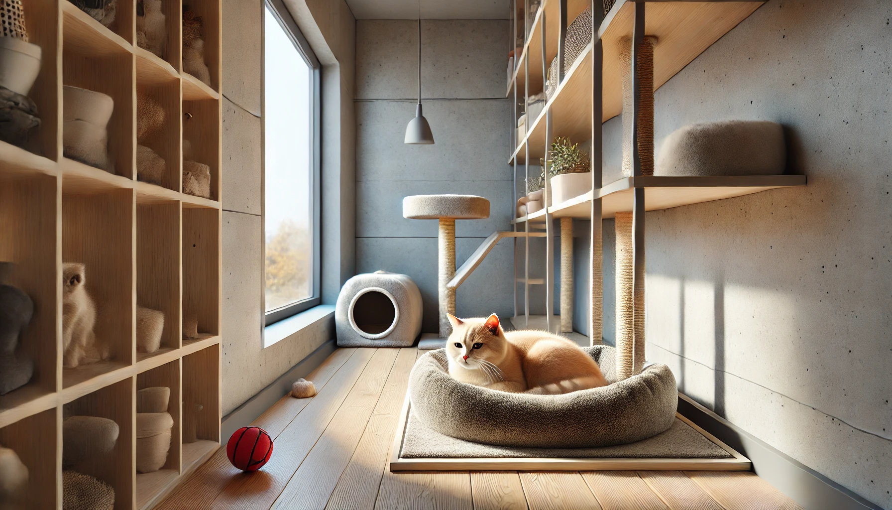 gato descansando em cama confortável ao lado de arranhador e brinquedos em canto tranquilo da casa